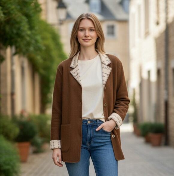 Chico's Jackets & Blazers - Chico's Tailored Jacket Women's 3 Brown Writing Scriptures Print Button Front